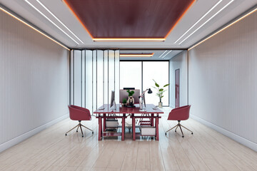 Modern light corporate office interior with empty red chairs, wooden desk, and bright background lighting in a clean business workspace. 3D Rendering