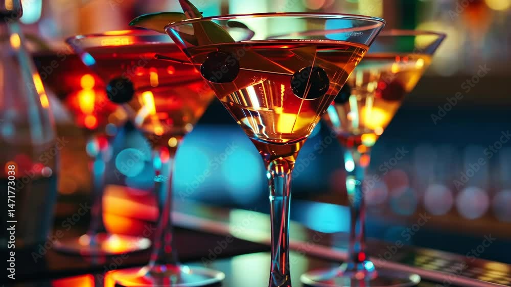 Poster three martinis are on a bar with a green lime wedge in the middle of each. the glasses are all diffe