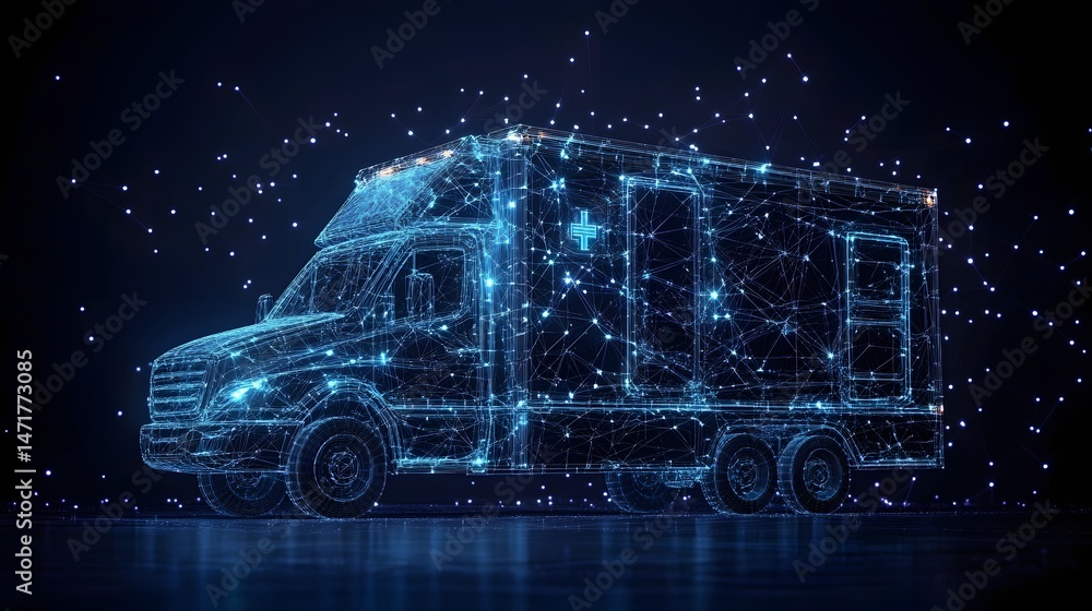 Leinwandbilder Digitized ambulance rendering featuring a wireframe design with a medical cross, set against a network-like background. Ideal for emergency services and tech concepts. Abstract dark blue wireframe