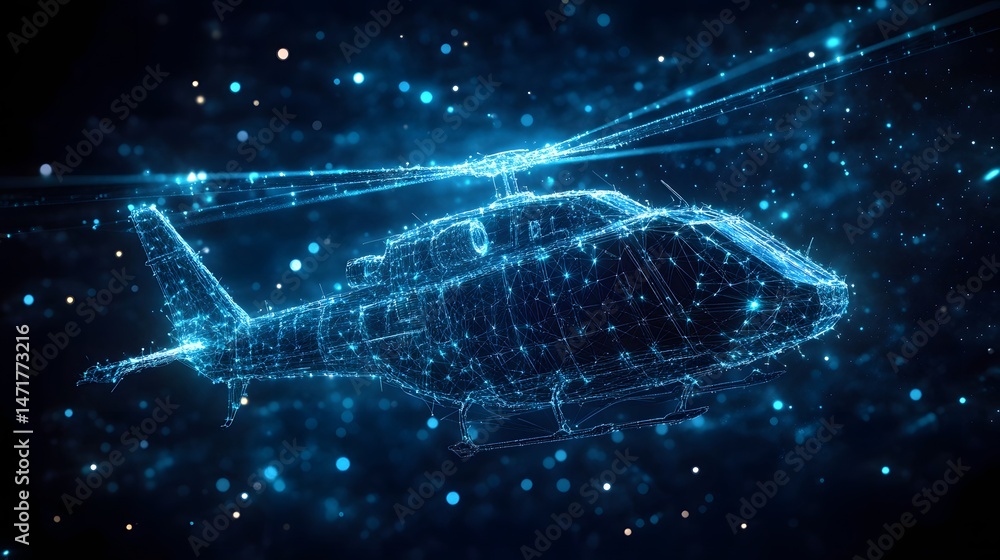 Poster Futuristic digital helicopter soars against a dark backdrop, its intricate design rendered in interconnected lines and nodes. A high-tech, visually striking illustration. Abstract dark blue wireframe
