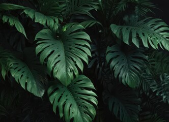 Fototapeta premium Bold, abstract tropical leaves, black & deep green gradients, sharp lines , print, modern, abstract