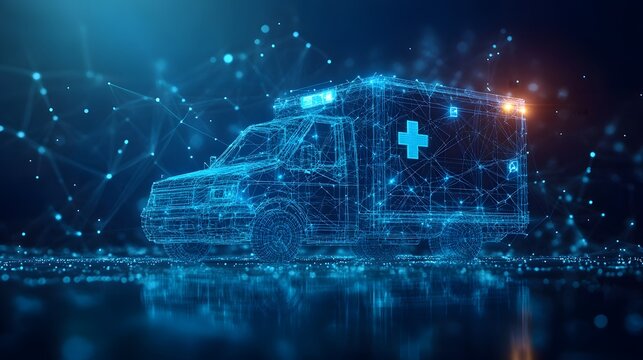 A glowing, digital ambulance wireframe against a networked background. Symbolic of modern healthcare technology and emergency services. Ideal for medical tech marketing. Abstract dark blue wireframe.