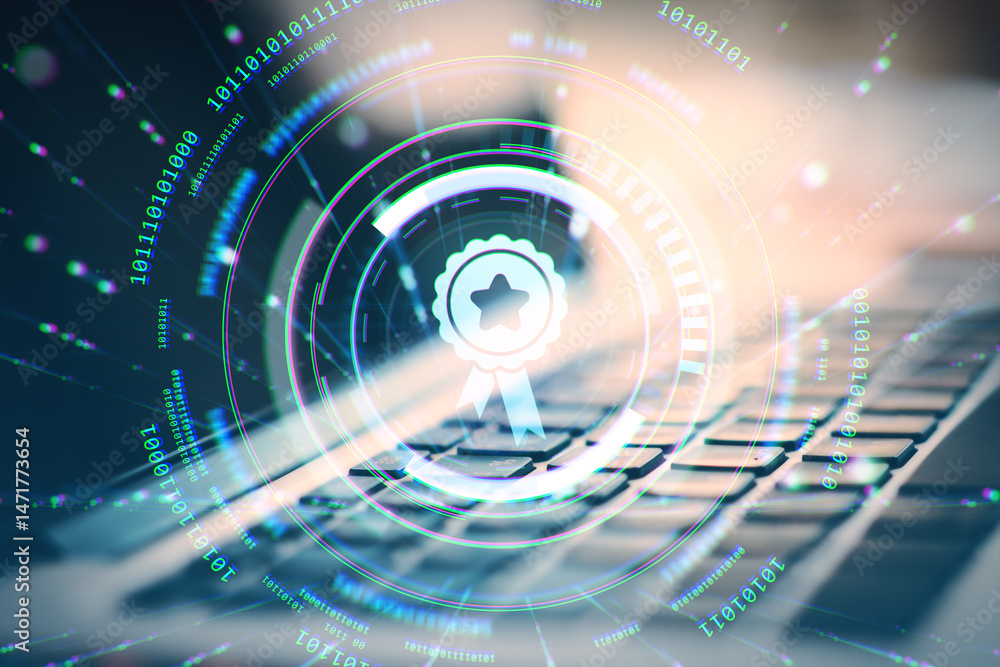 Aufkleber Digital award badge icon overlay on laptop keyboard with binary code and tech elements in light blur background symbolizing certification technology.