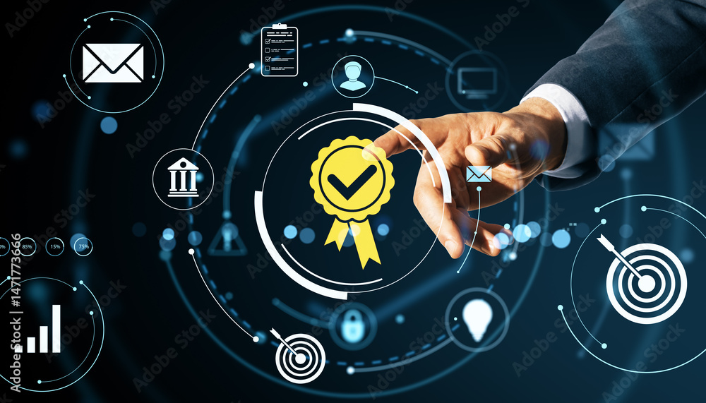 Poster Businessman touching digital quality certification badge icon on virtual user interface with business symbols and light effect on dark background.