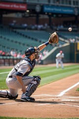 Baseball catcher in action with ball.