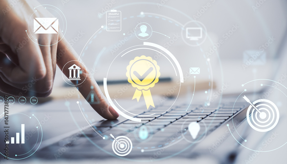 Poster Business professional using digital interface with quality assurance icons and data analytics on a bright office background for creative teamwork..