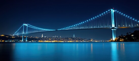 Bosphorus bridge illuminates istanbul's skyline, connecting continents under the night sky
