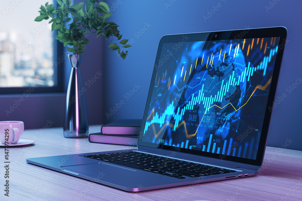 Aufkleber laptop displaying financial charts and market analysis on desk near window with books, cup and plant