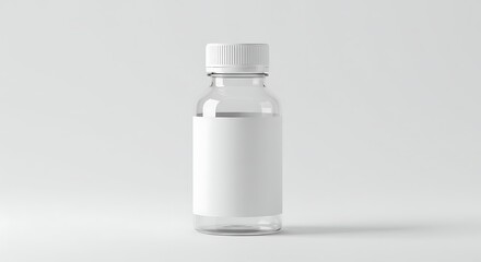 Clear plastic bottle with white label and cap on white background