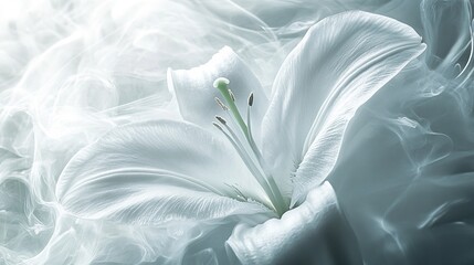 Elegant White Lily Flower in Soft Smoke Artistic Nature Photography Background Image Grey Blue Calm Bloom Macro Green   