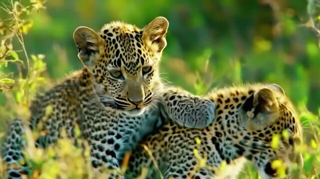 Exploring the playful bond between two young leopards in the wild