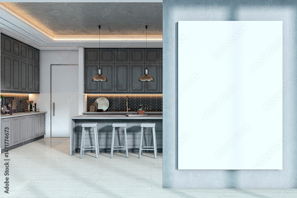 Poster vertical blank canvas mockup displayed on modern kitchen wall with gray cabinets, bar stools, and am