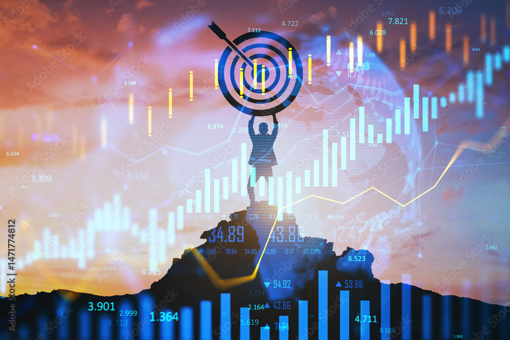 Poster business success concept with person holding target icon overlayed on financial graph data and mount