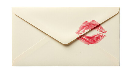 Cream envelope sealed with a red lipstick kiss mark isolated