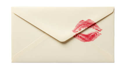 Cream envelope sealed with a red lipstick kiss mark isolated