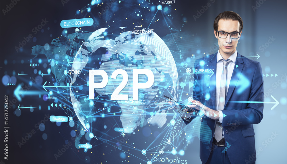 Aufkleber Businessman interacting with digital P2P network interface and global blockchain connections on technology background in business concept.
