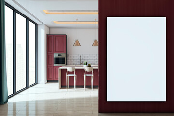 Blank poster mockup on dark red wall in modern kitchen interior with light floor, large windows, and minimalistic furniture for branding display. 3D Rendering