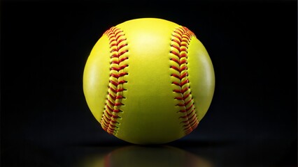 Yellow softball with red seams on a black background.