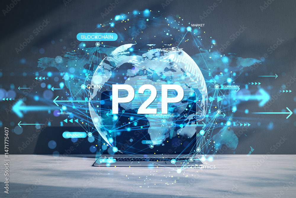 Poster Digital P2P financial technology concept with glowing global network and keywords like blockchain, currency, and exchange on dark background.