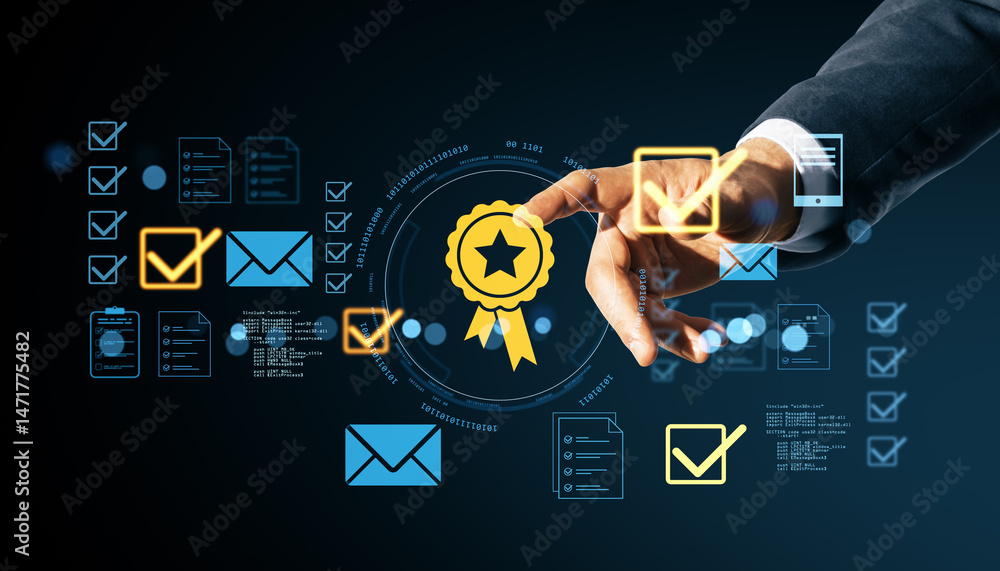 Poster Business person interacting with digital quality assurance and certification icons on futuristic interface background concept of digital compliance..
