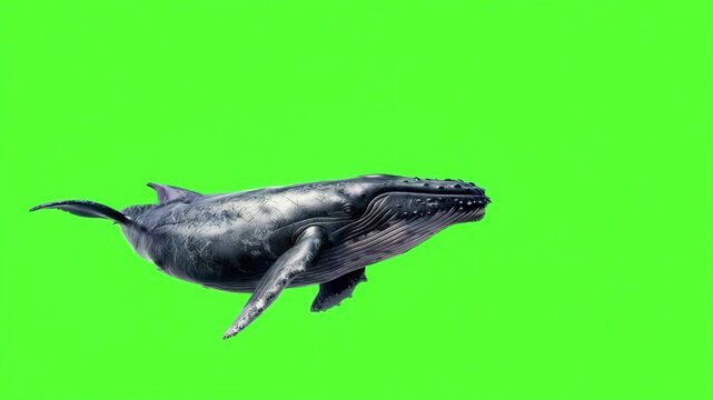 A humpback whale swimming on green screen background