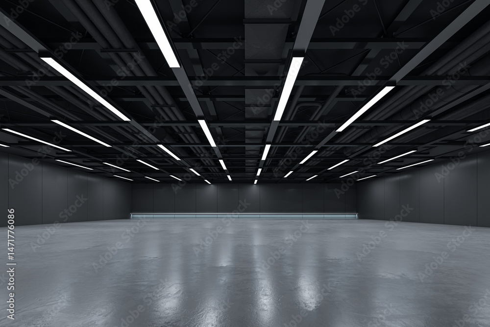 Poster empty modern industrial interior with dark ceiling and linear lights, clean polished floor, and dark