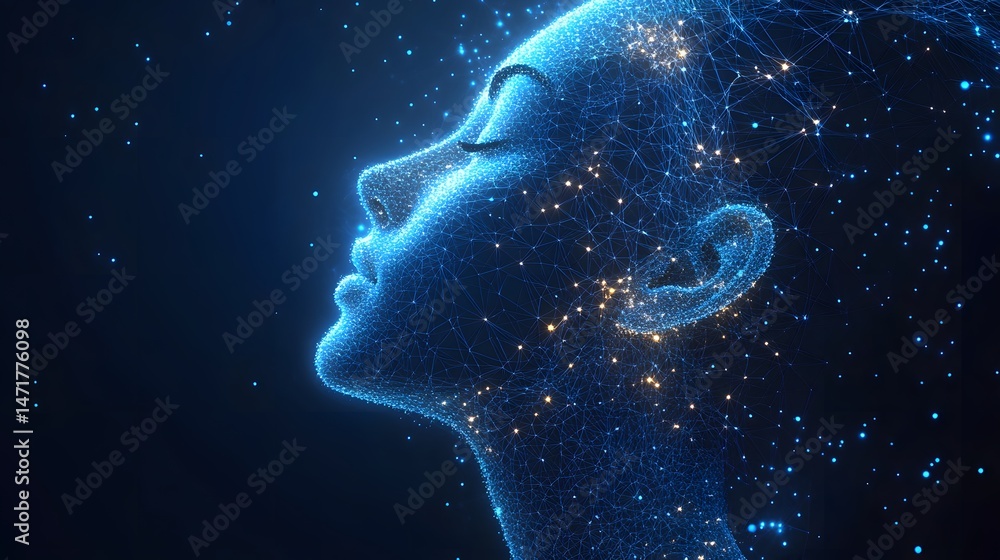 Aufkleber futuristic profile of a human face constructed from glowing blue lines and points. the digital artis