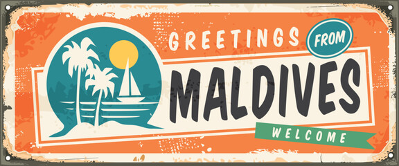 Greetings from Maldives vintage sign design template. Maldives souvenir poster with palm trees, sail boat and ocean. Travel destinations vector image.