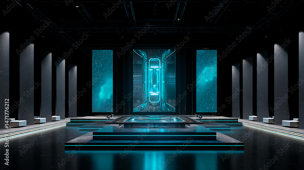 Poster dark futuristic showcase with cyan lighting, central platform, and tall columns, representing modern