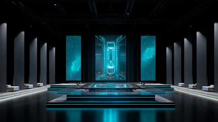 Dark futuristic showcase with cyan lighting, central platform, and tall columns, representing modern technology and innovation, suitable for presentations or product displays