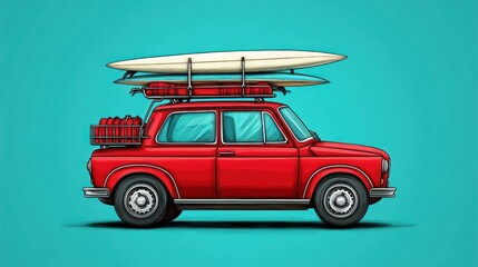 Retro car with surfboards on top, ready for adventure.  A classic small car, vibrant red, loaded with surfboards and travel gear, set against a bold teal background