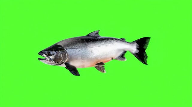 A Salmon fish swimming on green screen background