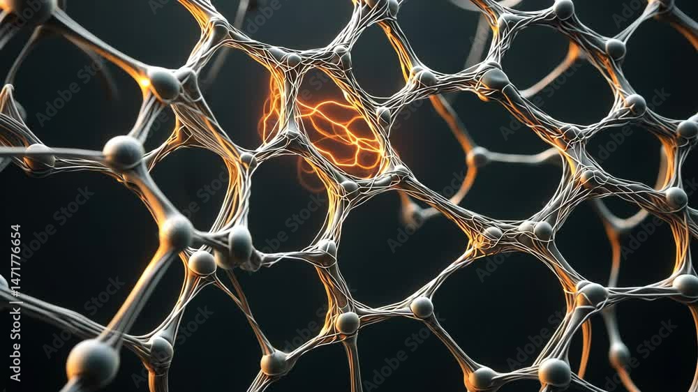 Poster detailed molecular network visualization of interconnected nodes and glowing elements showcasing
