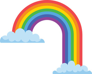 Bright, multicolored rainbow spanning between two fluffy clouds, creating a cheerful and vibrant illustration against a clean white backdrop
