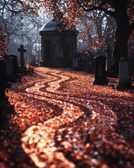 Winding path through autumnal cemetery