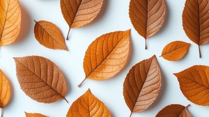 Obraz premium Autumn leaves arranged on a light background. A beautiful display of fallen leaves in warm autumnal tones