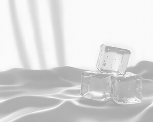 Three Ice Cubes on White Silk Fabric Minimalist Product Photography