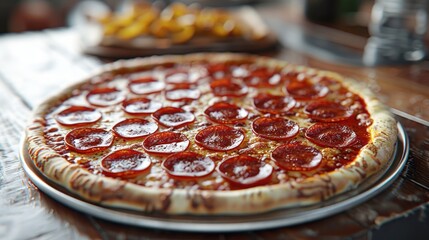 Pepperoni pizza on a wooden table