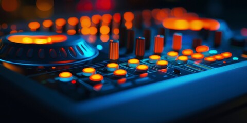 Party Vibe Close-up of a DJ mixer with illuminated buttons and knobs against a blurred background.