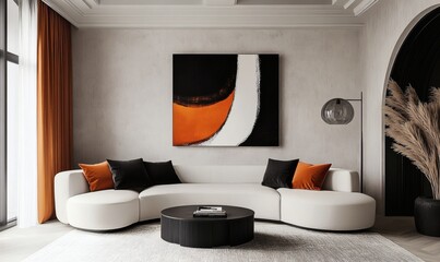 Minimalist, japandi style interior design of modern living room. Sectional sofa with black and red pillow near stucco wall with abstract art frame.
