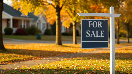 For Sale Sign in Front of House in Autumn 