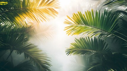 Obraz premium Lush Tropical Palm Leaves Sunlight Foggy Background