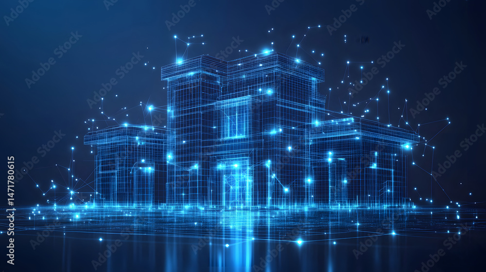 Aufkleber Futuristic blue wireframe of a complex multi-level building illuminated with glowing nodes and reflective surface. High-tech architectural design evokes innovation. Abstract dark blue wireframe