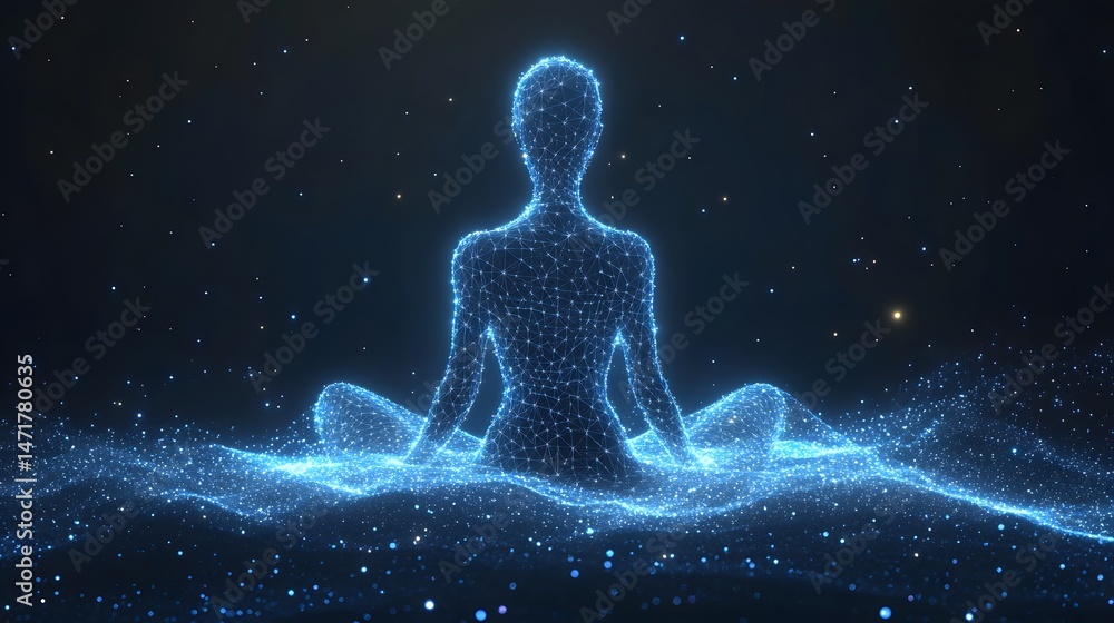 Poster meditative figure in a digital starry night. interconnected points form a serene scene, blending tec