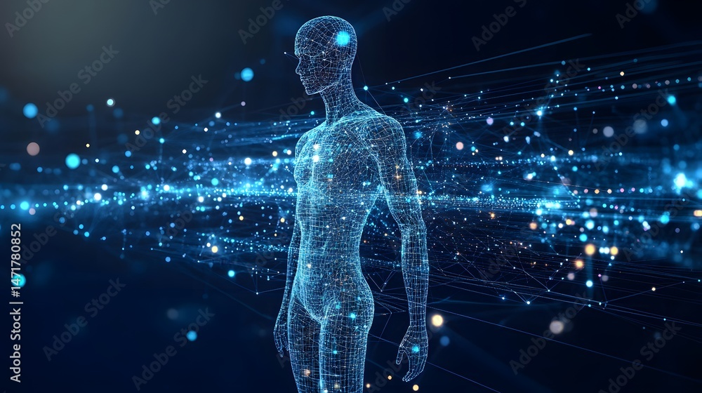 Poster a futuristic grid-human glows with blue energy amid a digital network. the dynamic, technological sc