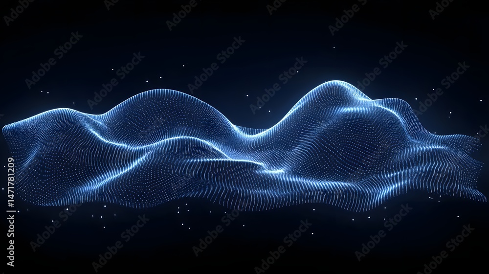 Poster abstract blue dot waves create a serene, undulating landscape. the dark background enhances the dept