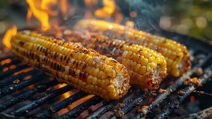 Delicious grilled corn on the cob roasting over an open flame barbecue grill