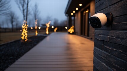 Fototapeta premium Outdoor Weatherproof Security Camera Mounted on Stylish Building at Dusk with Soft Lighting