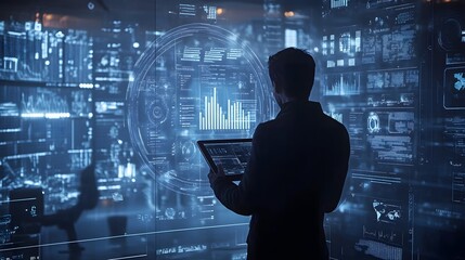 Business Professional Using Digital Tablet with ERP Interface. Concept of Enterprise Resource Planning, Inventory Management, and Supply Chain Analytics