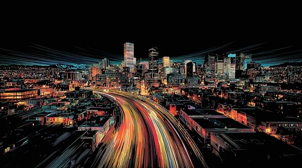 Obraz premium City skyline at night with blurred lights from traffic on a road.